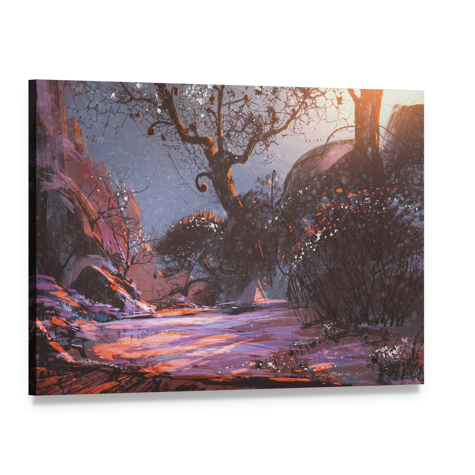 Winter Sunset Over Frozen River Canvas Wall Art, single panel gallery wrapped canvas, angled product view