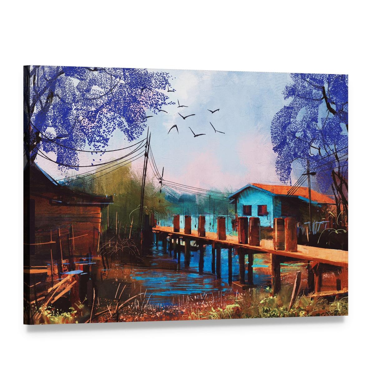 Abstract Fishing Village Canvas Wall Art, single panel gallery wrapped canvas, angled product view