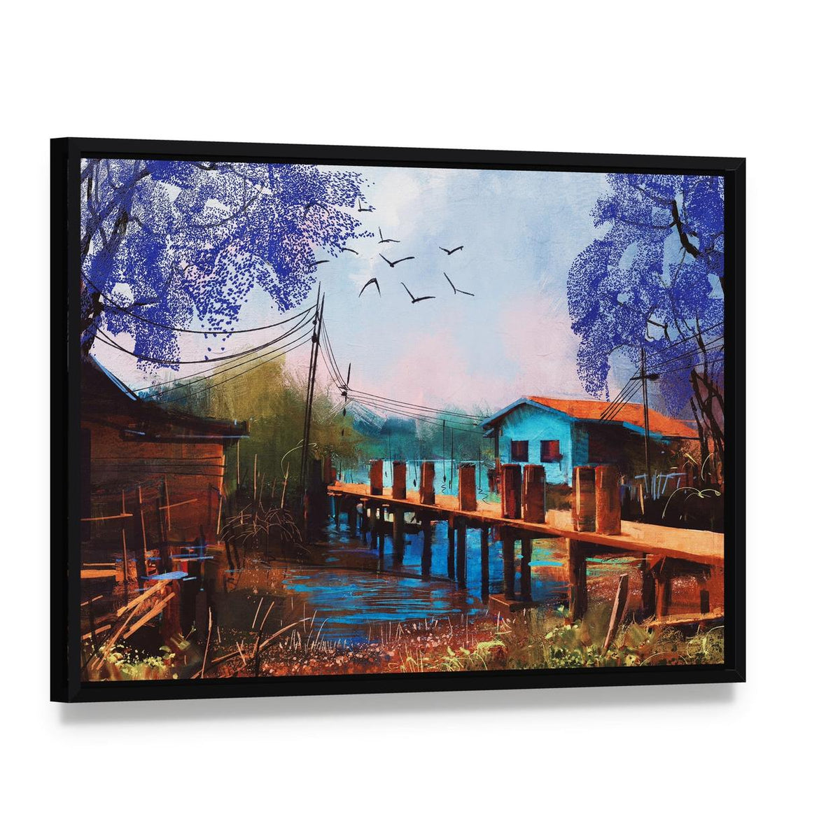 Abstract Fishing Village Canvas Wall Art, framed canvas in a black floater frame, angled product view