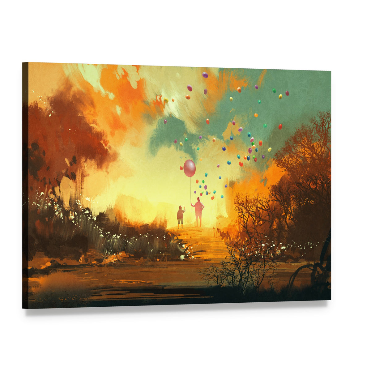 Boy and Magician with Red Balloon Canvas Wall Art, single panel gallery wrapped canvas, angled product view