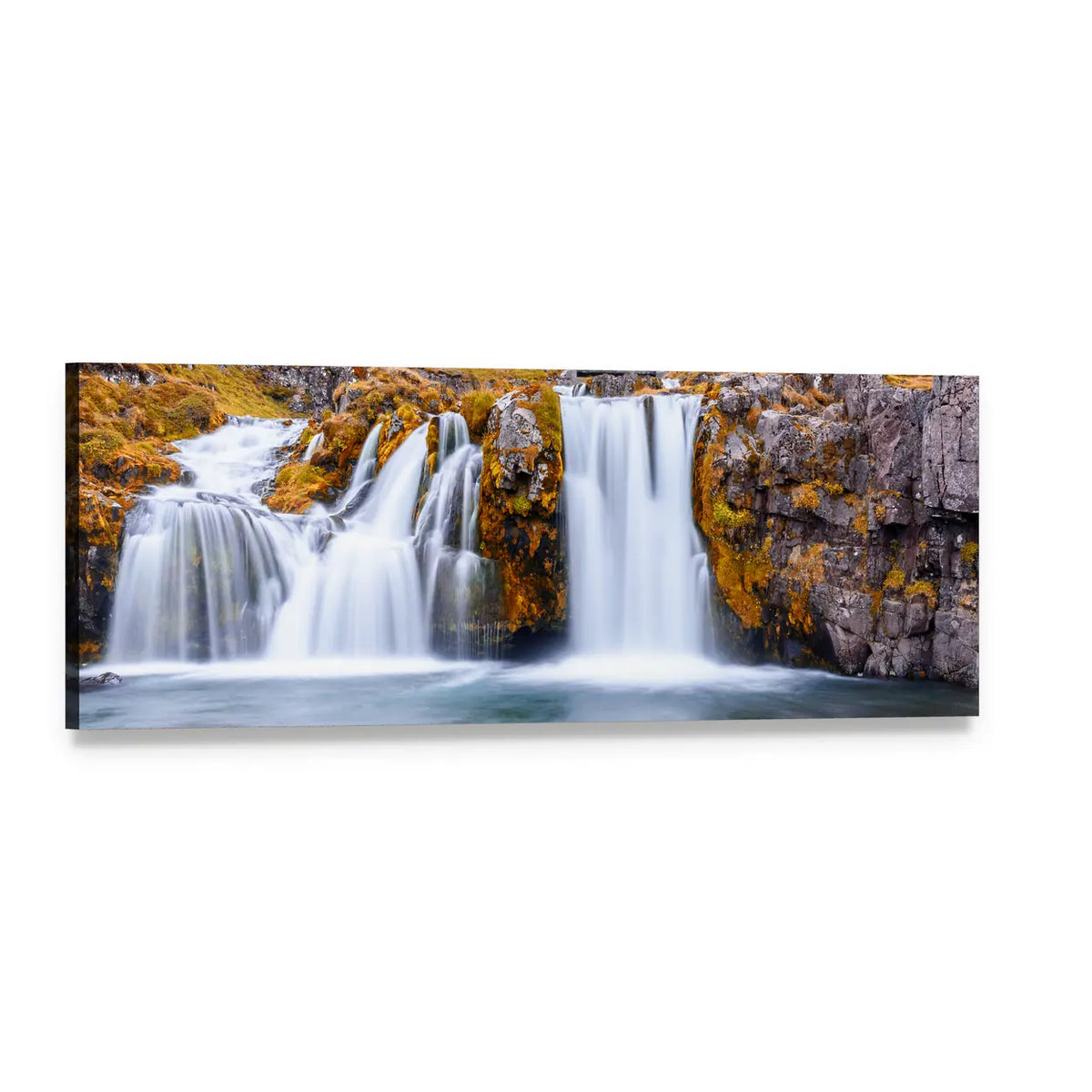 Kirkjufell Waterfall Landscape Panoramic Canvas Wall Art, single panel gallery wrapped canvas, angled product view
