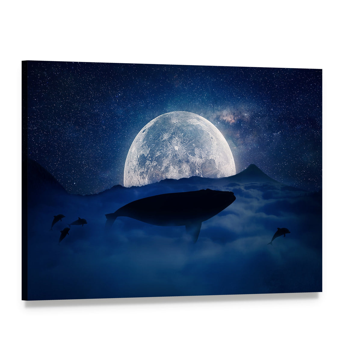 Moonlit Whale Silhouette Canvas Wall Art, single panel gallery wrapped canvas, angled product view