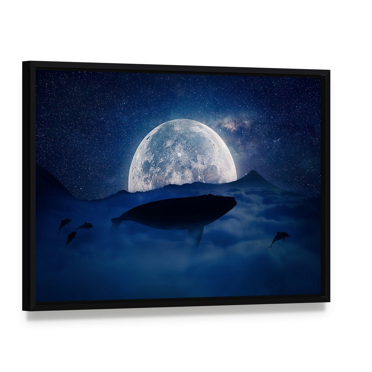 Moonlit Whale Silhouette Canvas Wall Art, framed canvas in a black floater frame, angled product view