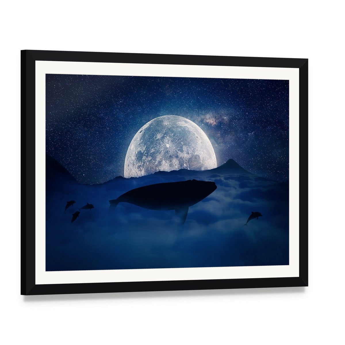 Moonlit Whale Silhouette Canvas Wall Art, framed print with white mat and black frame, angled product view