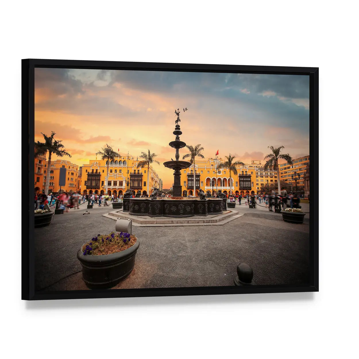 Main Square at Sunset Canvas Wall Art, framed canvas in a black floater frame, angled product view
