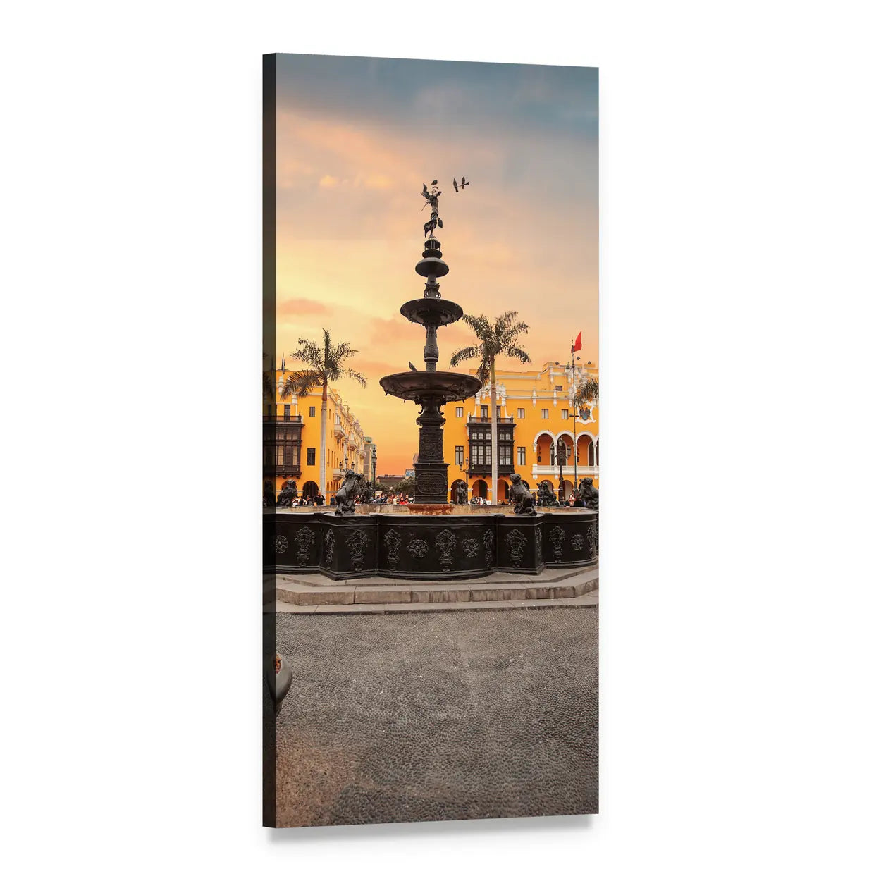 Lima Main Square Fountain at Dusk Vertical Canvas Wall Art, 1 panel 1 Vertical layout gallery wrapped canvas set, angled product view