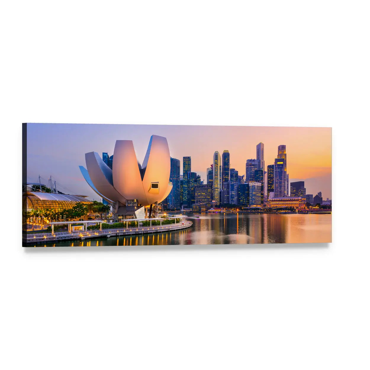Singapore Marina Skyline at Twilight Panoramic Canvas Wall Art, single panel gallery wrapped canvas, angled product view