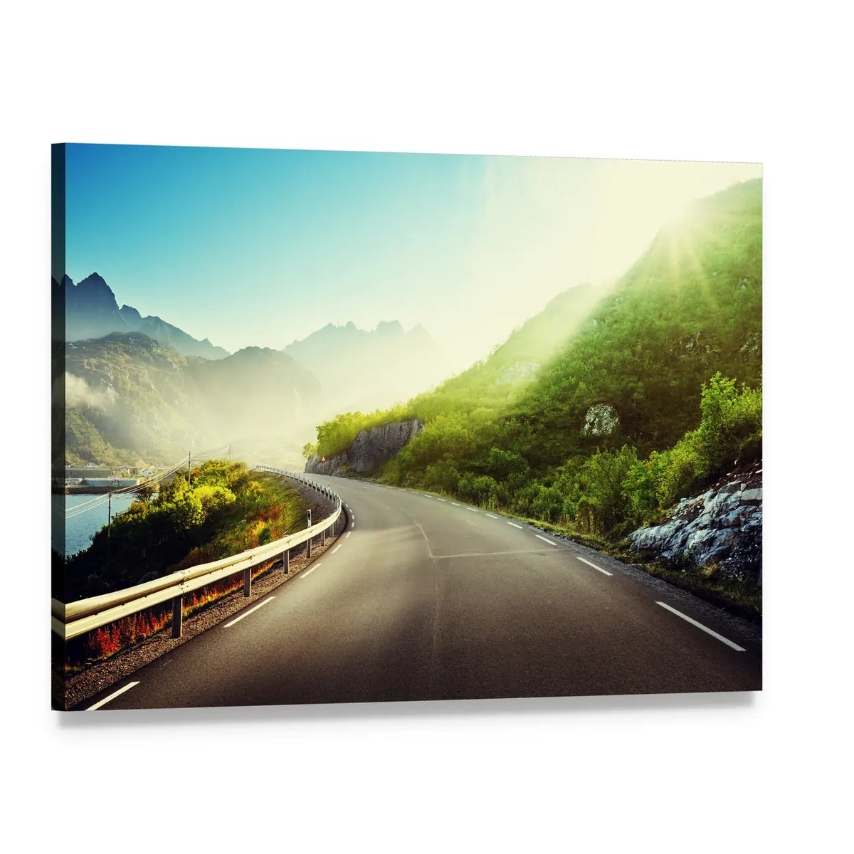 Winding Road Through Misty Lofoten Mountains Canvas Wall Art, single panel gallery wrapped canvas, angled product view
