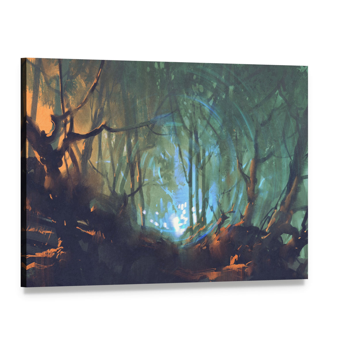 Dark Forest with Mystic Light Canvas Wall Art, single panel gallery wrapped canvas, angled product view