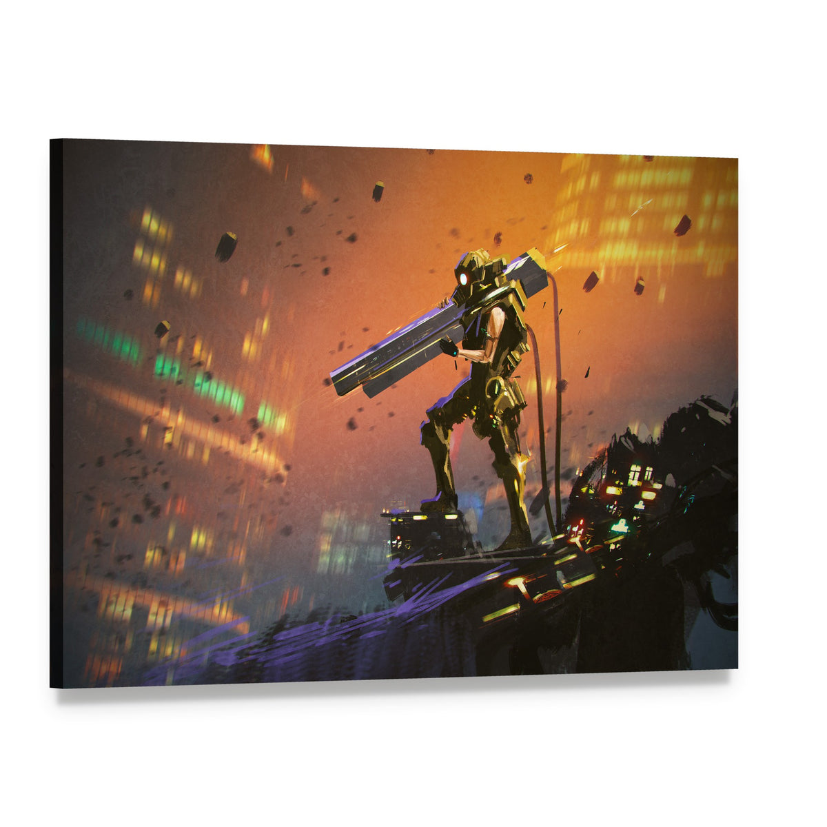 Cyberpunk Soldier with Rifle in Glowing City Canvas Wall Art, single panel gallery wrapped canvas, angled product view