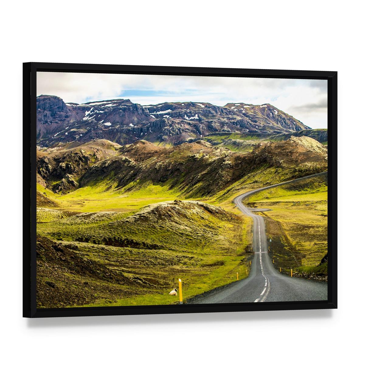 Green Mountain Road Canvas Wall Art, framed canvas in a black floater frame, angled product view