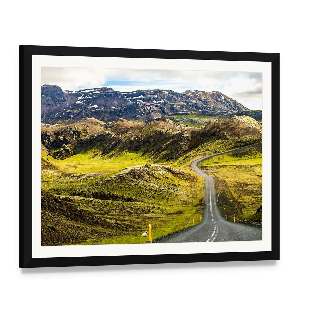 Green Mountain Road Canvas Wall Art, framed print with white mat and black frame, angled product view