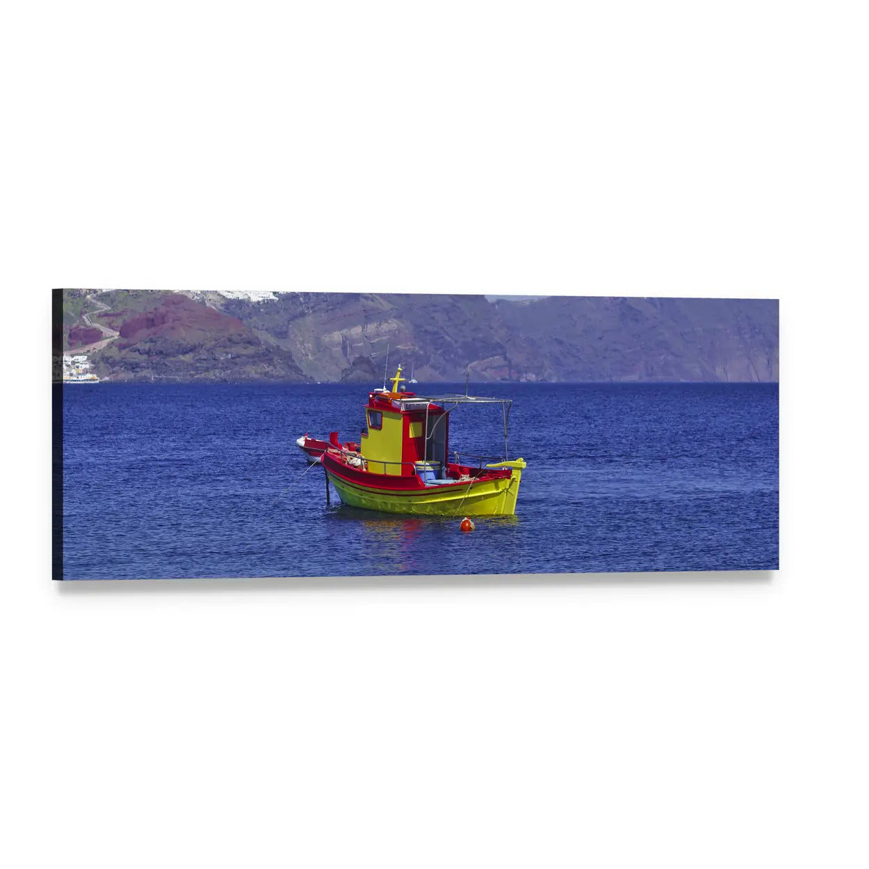 Yellow and Red Fishing Boat by Coastal Cliffs Panoramic Canvas Wall Art, single panel gallery wrapped canvas, angled product view