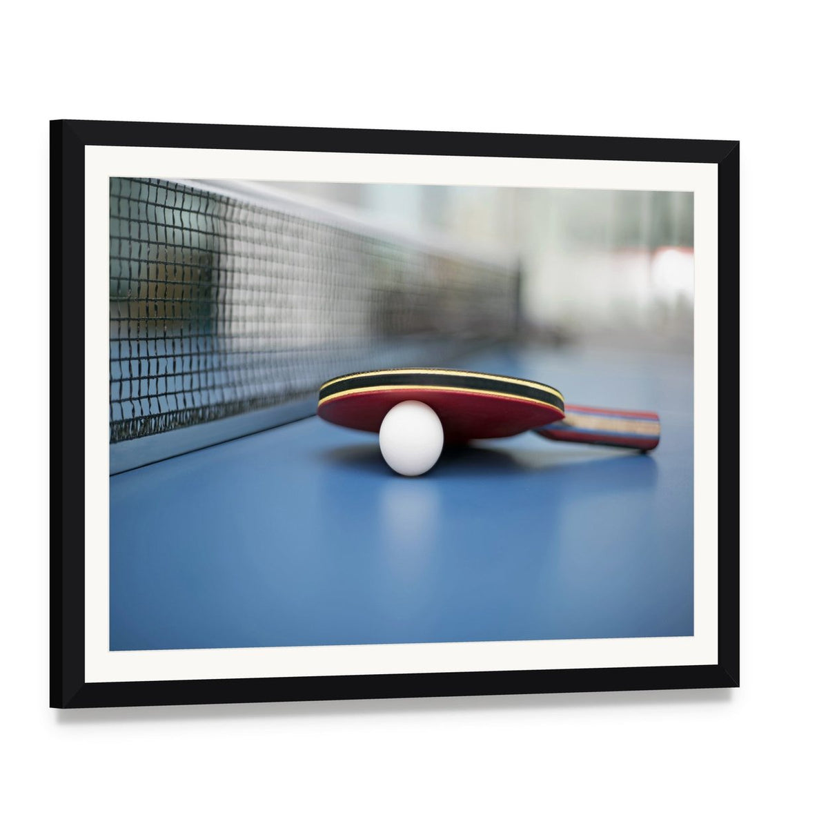 Table Tennis Ball and Bat Canvas Wall Art, framed print with white mat and black frame, angled product view