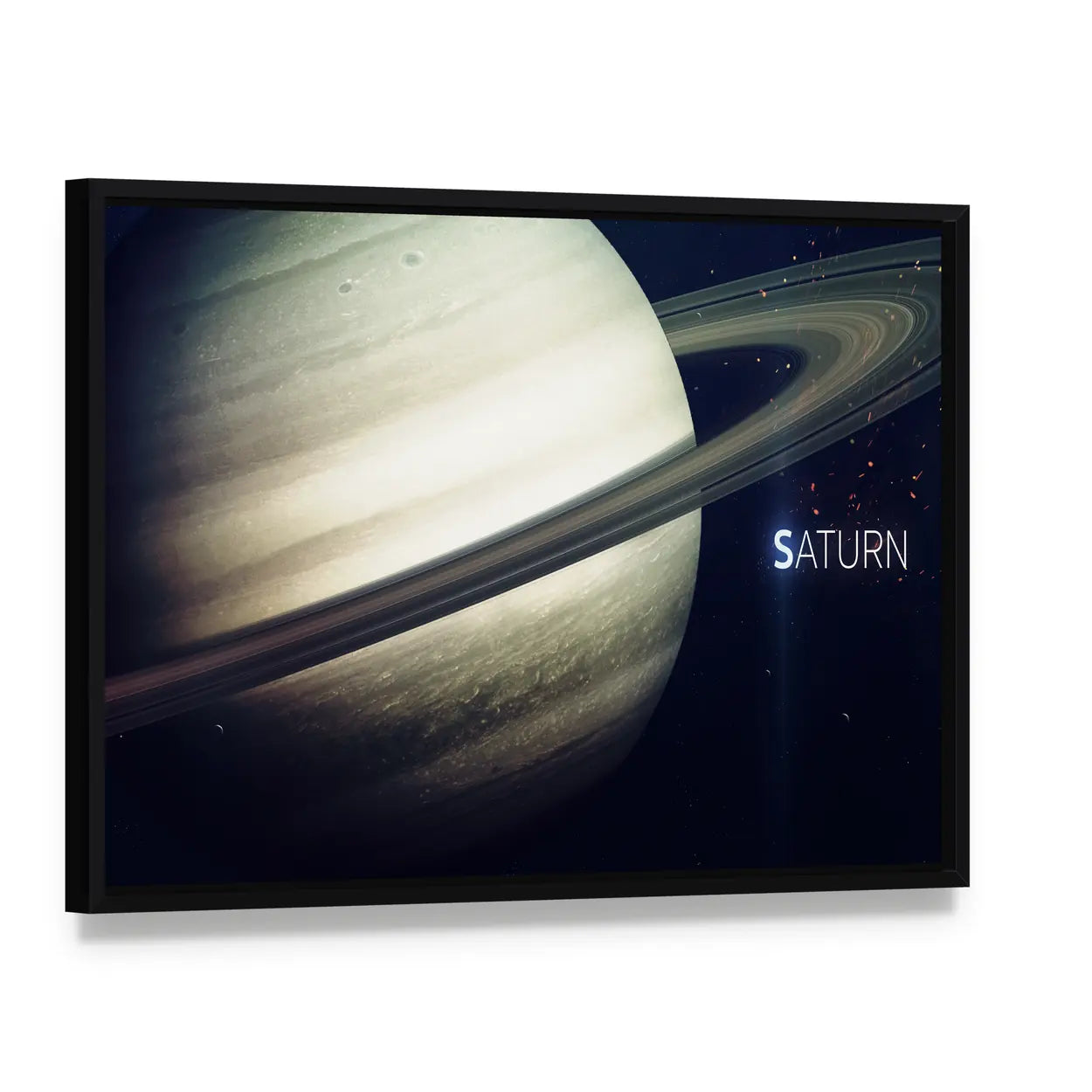 Saturn with Its Rings Canvas Wall Art, framed canvas in a black floater frame, angled product view