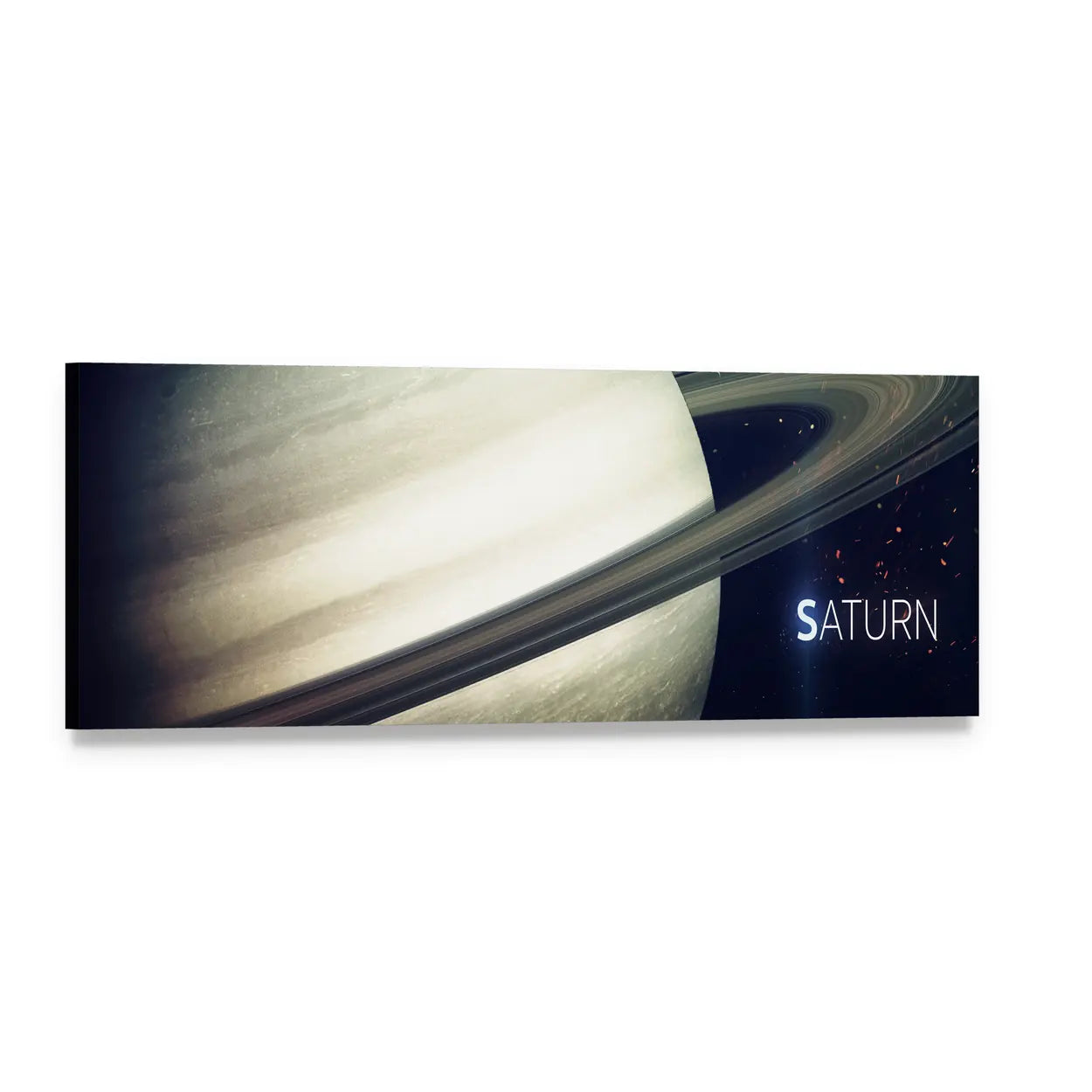Saturn with Rings and White Typography Panoramic Canvas Wall Art, single panel gallery wrapped canvas, angled product view