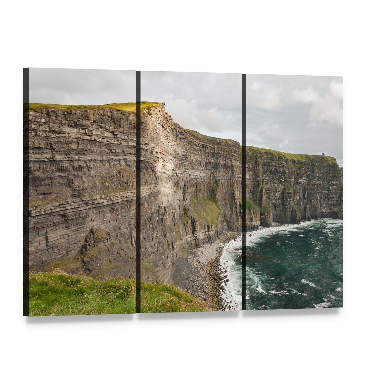 Dramatic Cliffs of Moher Landscape Canvas Wall Art, 3 panel 3 Horizontal layout gallery wrapped canvas set, angled product view