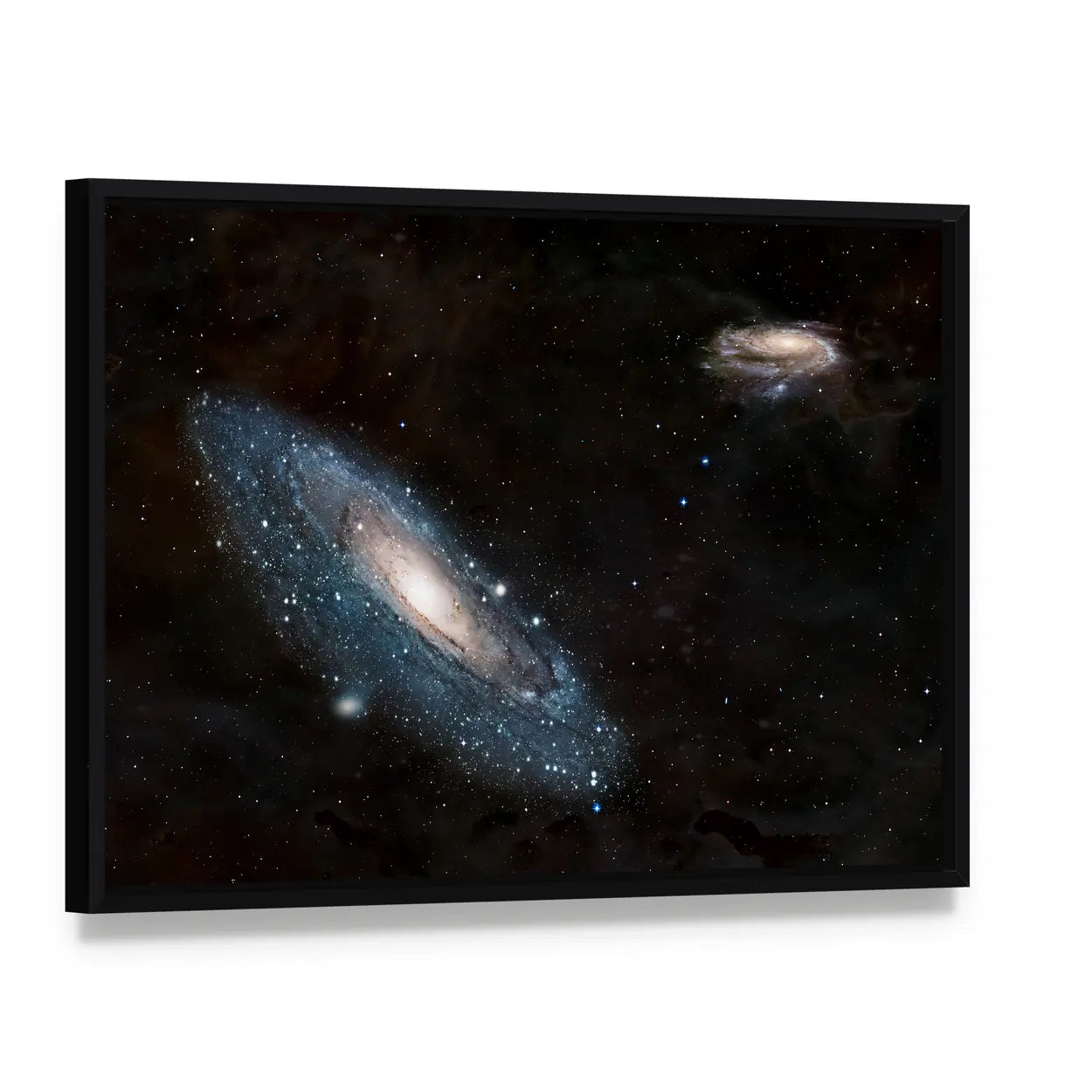 Andromeda Galaxy and Milky Way Canvas Wall Art, framed canvas in a black floater frame, angled product view