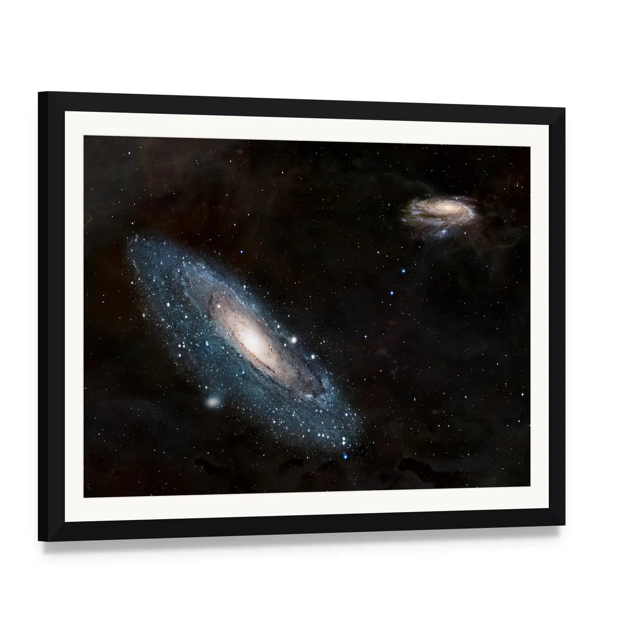 Andromeda Galaxy and Milky Way Canvas Wall Art, framed print with white mat and black frame, angled product view