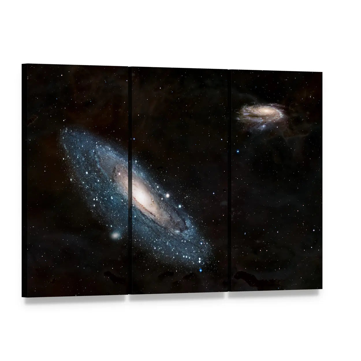 Andromeda Galaxy and Milky Way Canvas Wall Art, 3 panel 3 Horizontal layout gallery wrapped canvas set, angled product view