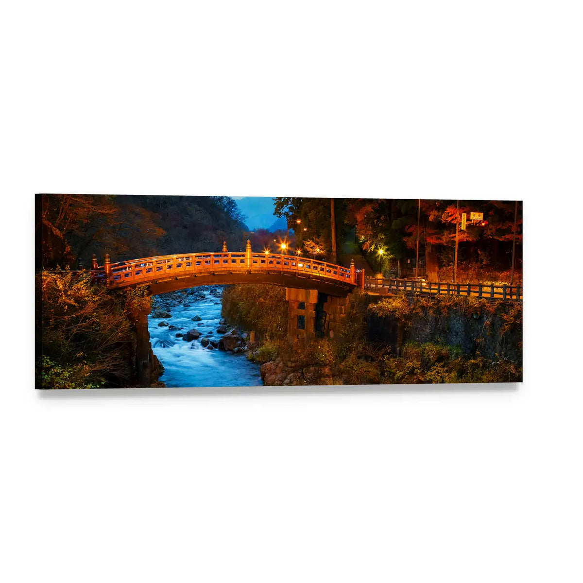 Illuminated Japanese Bridge at Night Panoramic Canvas Wall Art, single panel gallery wrapped canvas, angled product view