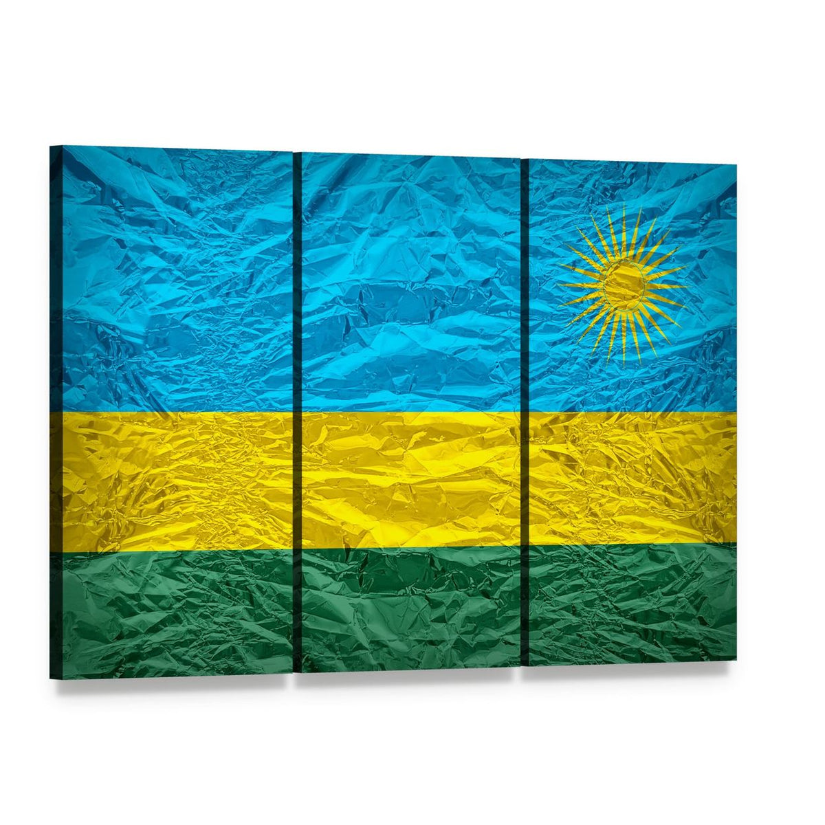 Rwanda Flag with Crinkled Texture Canvas Wall Art, 3 panel 3 Horizontal layout gallery wrapped canvas set, angled product view