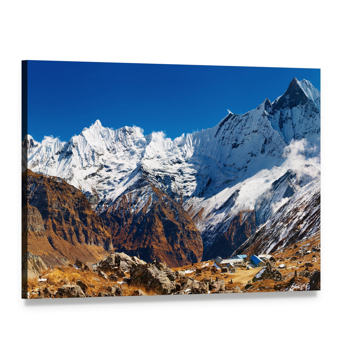 Mount Machhapuchhre Tent Camp Canvas Wall Art, single panel gallery wrapped canvas, angled product view