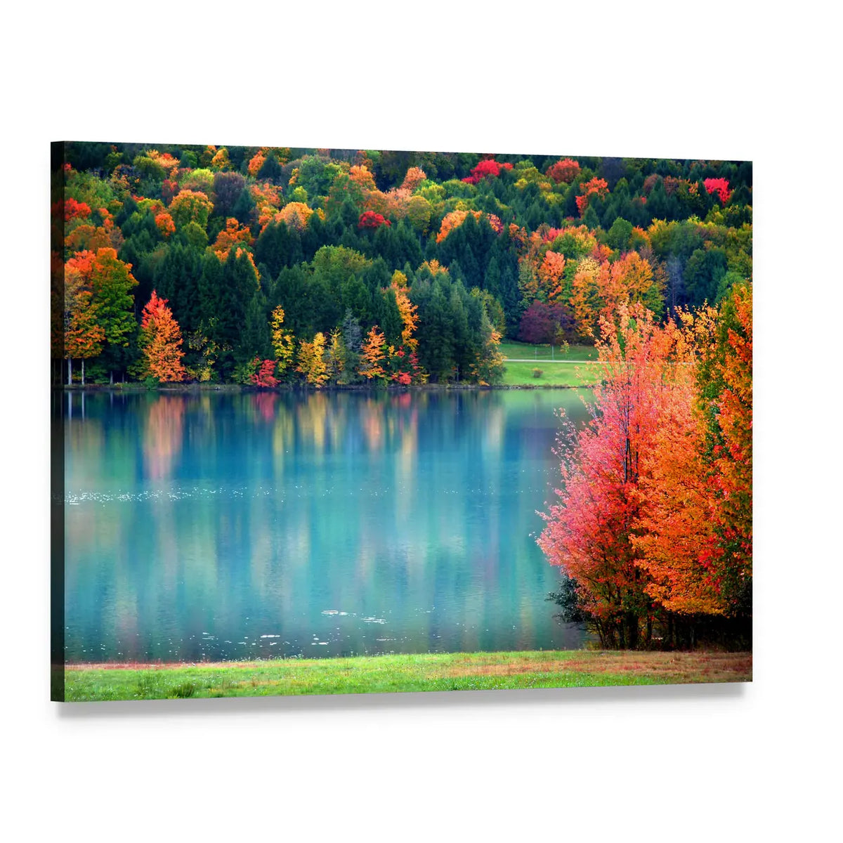 Autumn Lake with Red Tree Reflection Canvas Wall Art, single panel gallery wrapped canvas, angled product view