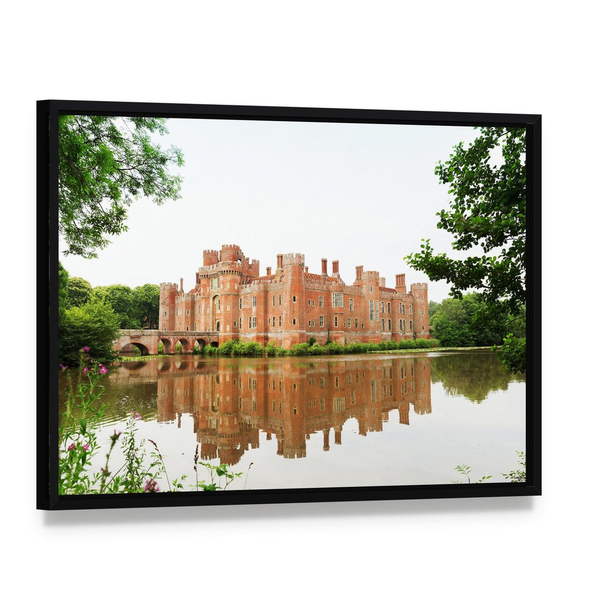 Red Brick Herstmonceux Castle with Reflection Canvas Wall Art, framed canvas in a black floater frame, angled product view