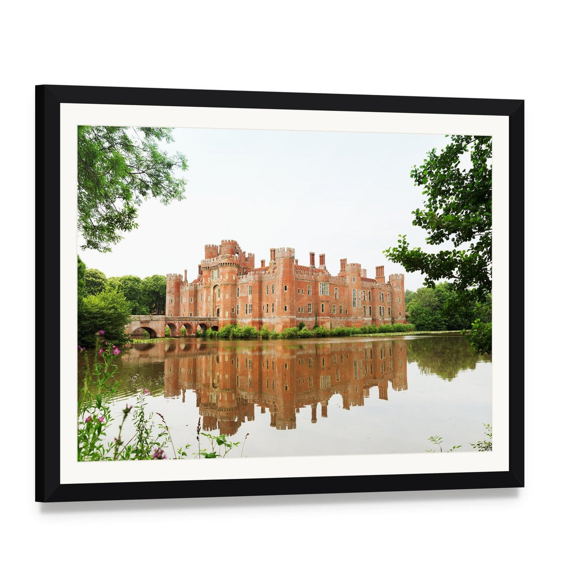 Red Brick Herstmonceux Castle with Reflection Canvas Wall Art, framed print with white mat and black frame, angled product view