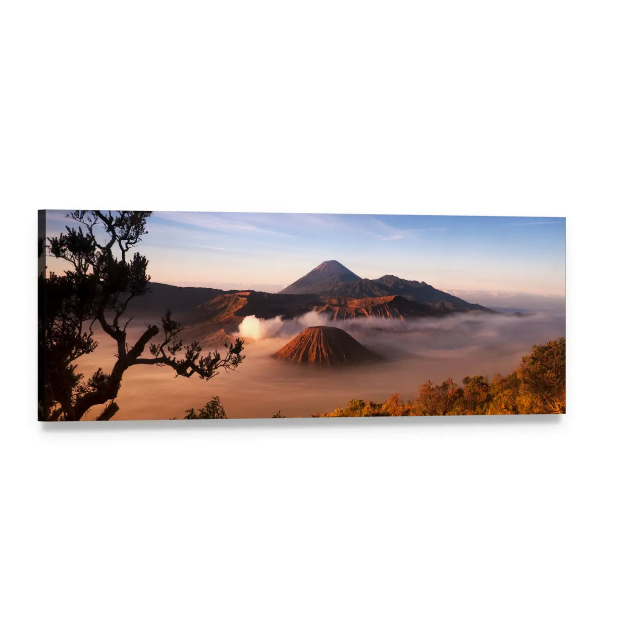 Mount Bromo Volcanoes at Dawn Panoramic Canvas Wall Art, single panel gallery wrapped canvas, angled product view