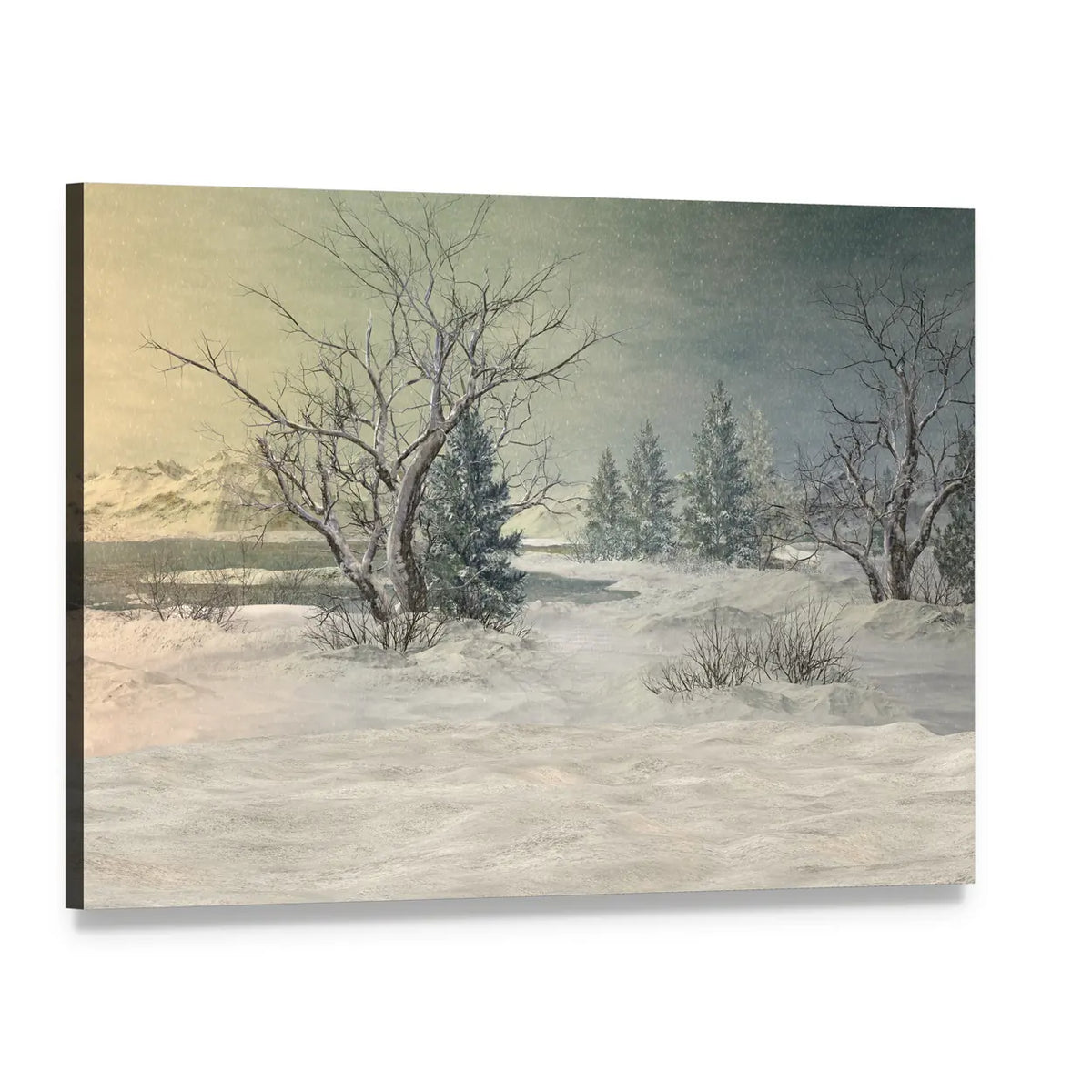 Snow-covered Field with Bare Trees and Mountains Canvas Wall Art, single panel gallery wrapped canvas, angled product view