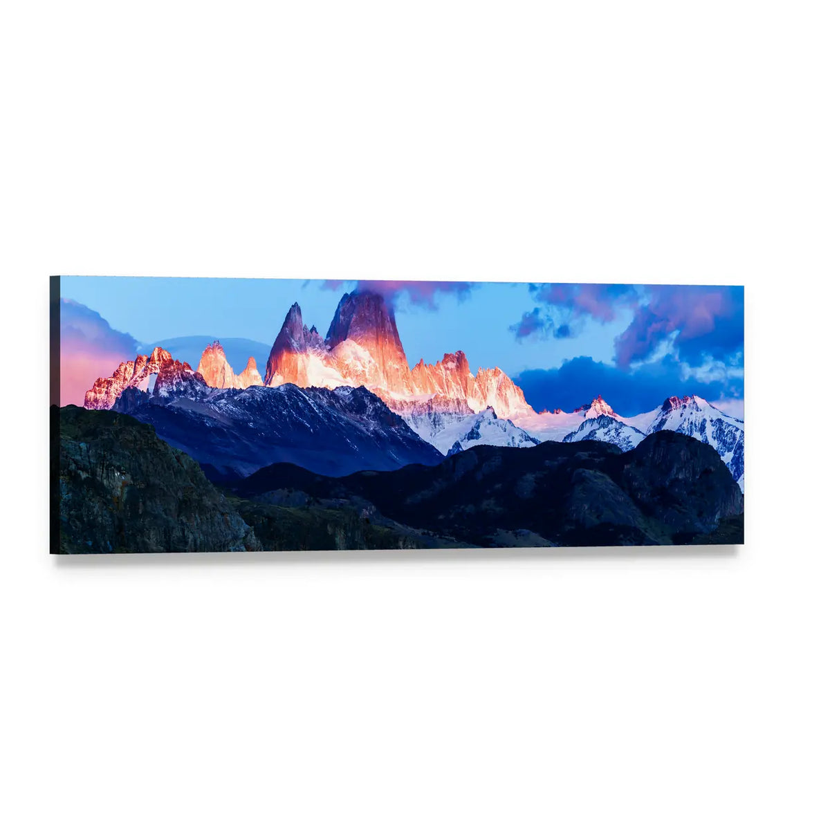 Fitz Roy and El Chalten Peaks Panoramic Canvas Wall Art, single panel gallery wrapped canvas, angled product view