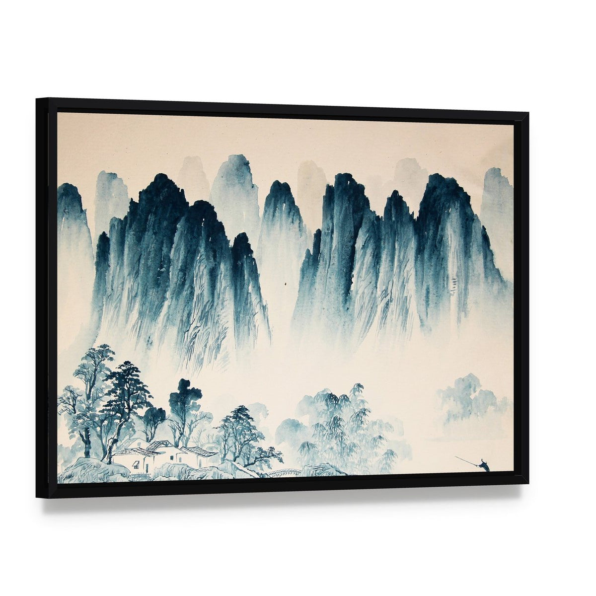Watercolor Sketch of High Mountains and Trees Canvas Wall Art, framed canvas in a black floater frame, angled product view