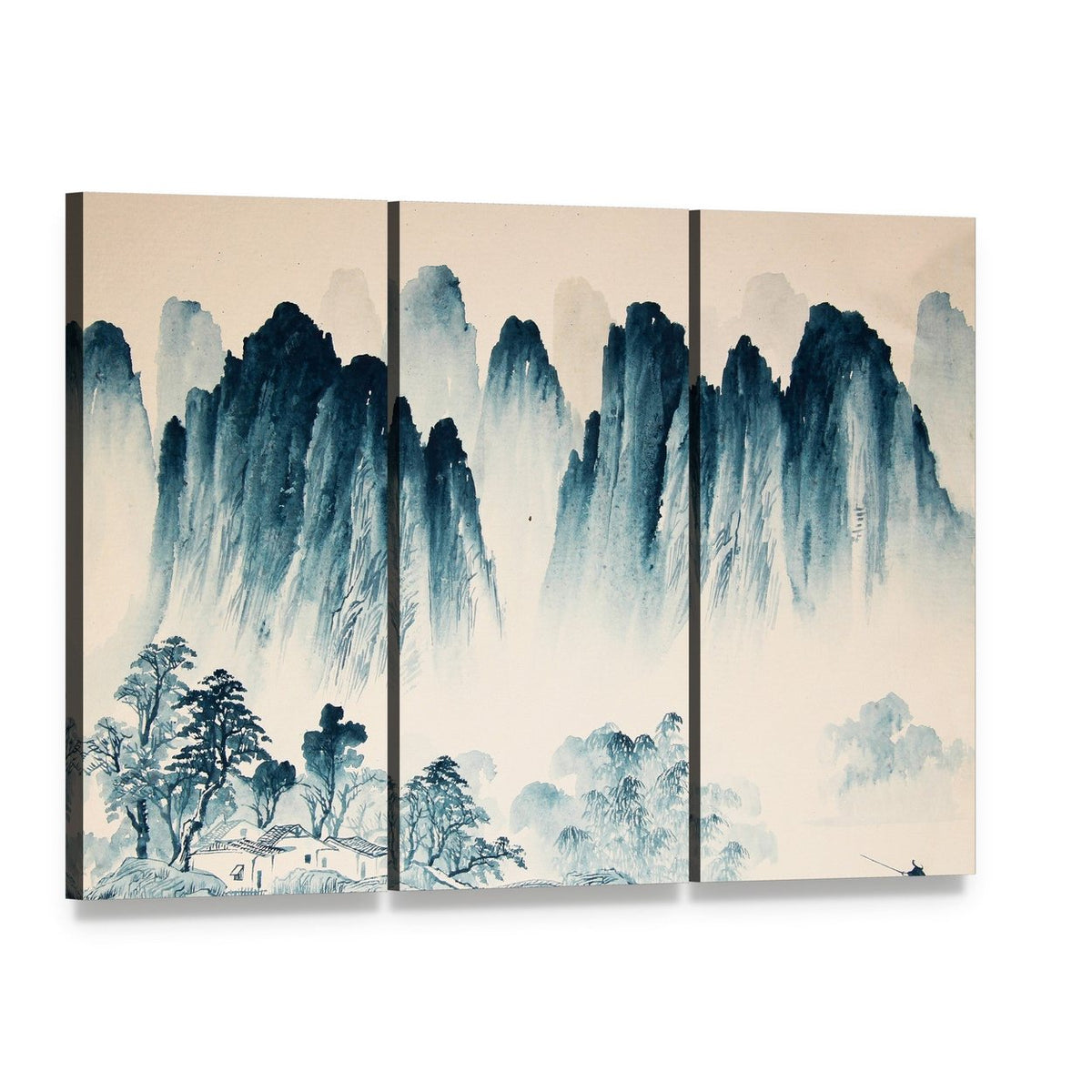 Watercolor Sketch of High Mountains and Trees Canvas Wall Art, 3 panel 3 Horizontal layout gallery wrapped canvas set, angled product view