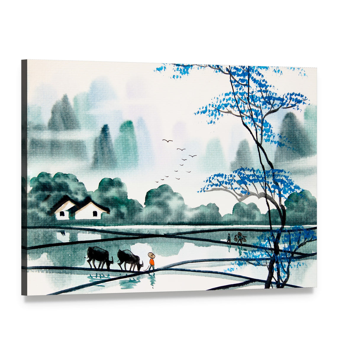 Watercolor Sketch of Peaceful Village Canvas Wall Art, single panel gallery wrapped canvas, angled product view