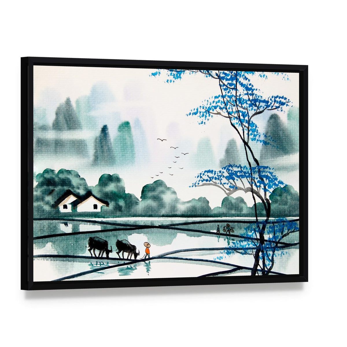 Watercolor Sketch of Peaceful Village Canvas Wall Art, framed canvas in a black floater frame, angled product view