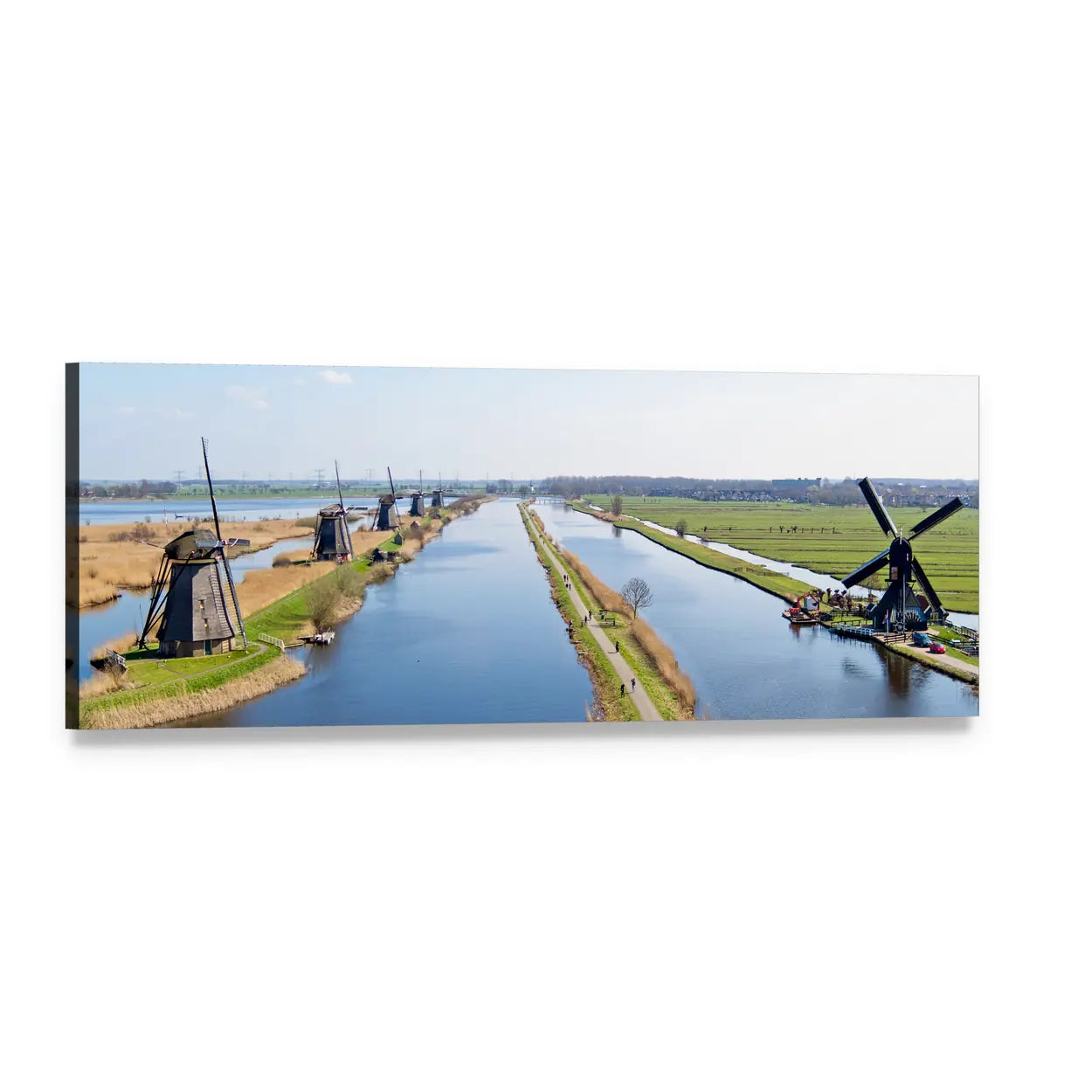 Dutch Windmills Along a Canal Panoramic Canvas Wall Art, single panel gallery wrapped canvas, angled product view