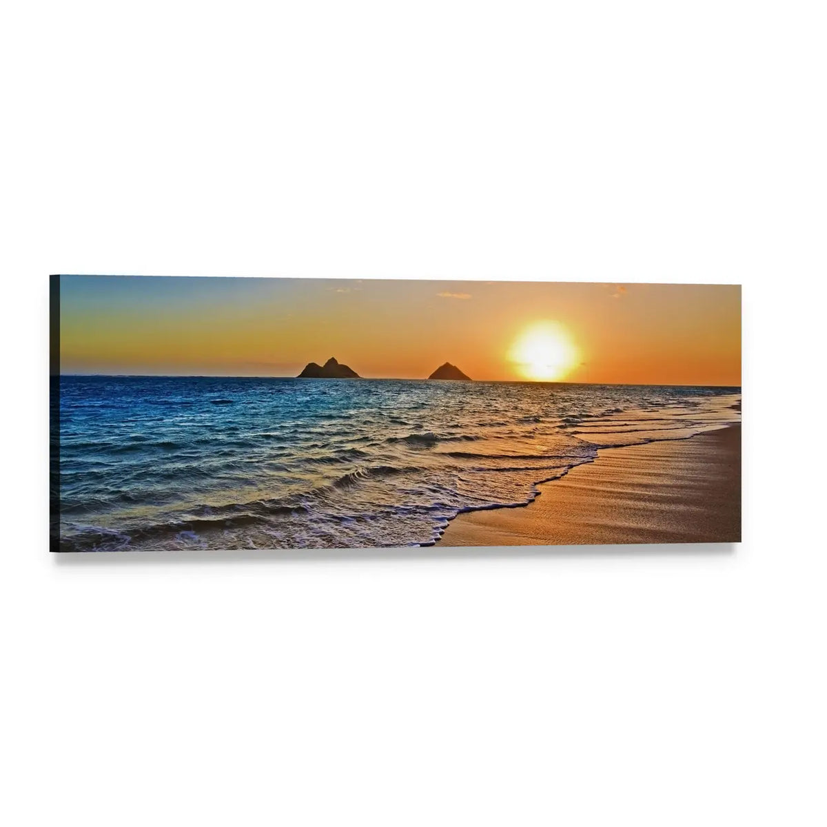 Sunset Beach with Two Offshore Islands Panoramic Canvas Wall Art, single panel gallery wrapped canvas, angled product view