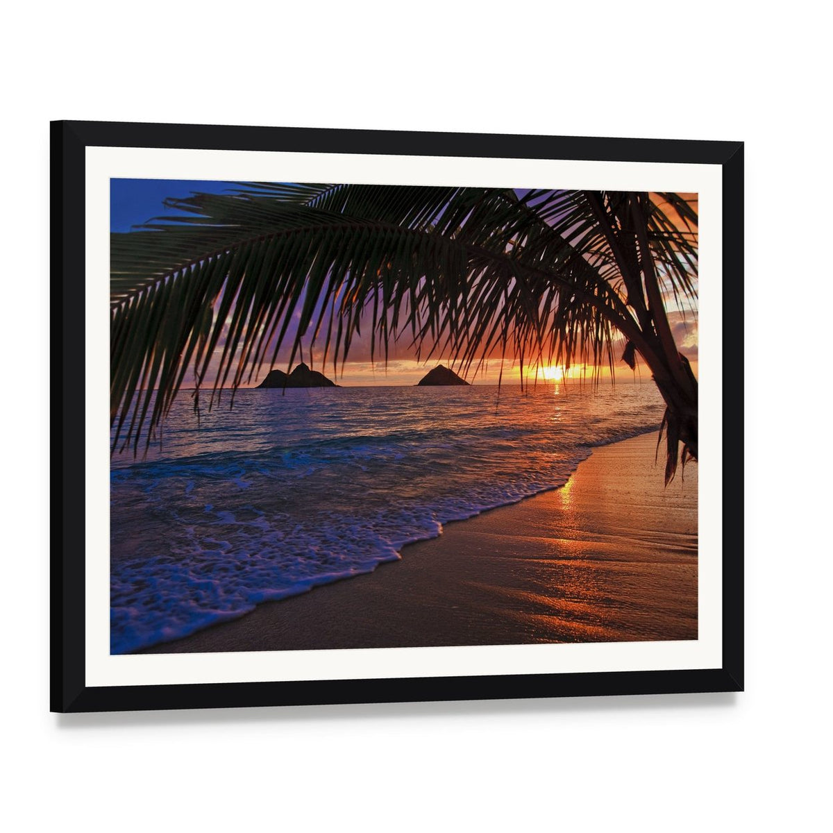 Pacific Sunrise at Lanikai Beach Canvas Wall Art, framed print with white mat and black frame, angled product view