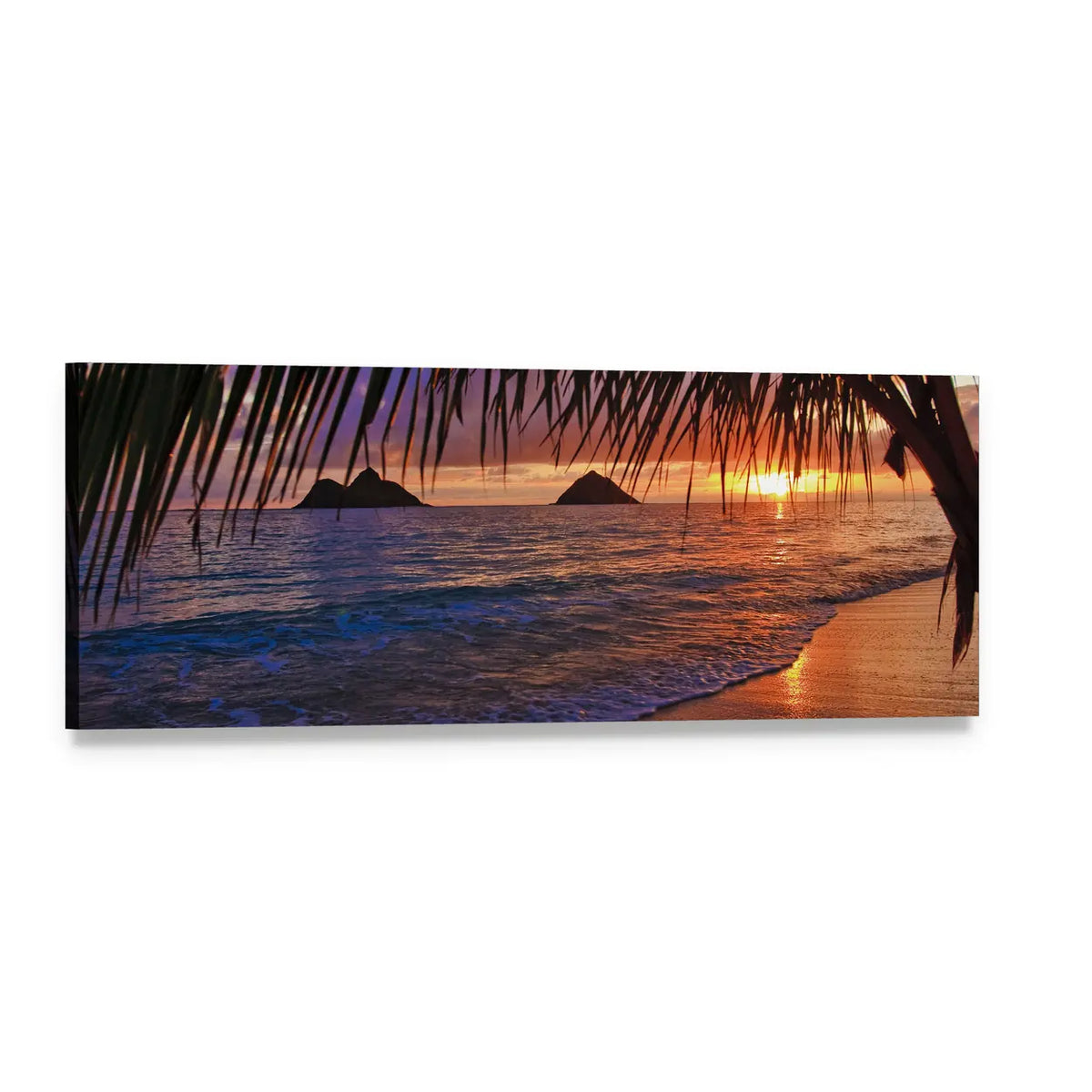 Pacific Sunrise Over Twin Islands Panoramic Canvas Wall Art, single panel gallery wrapped canvas, angled product view