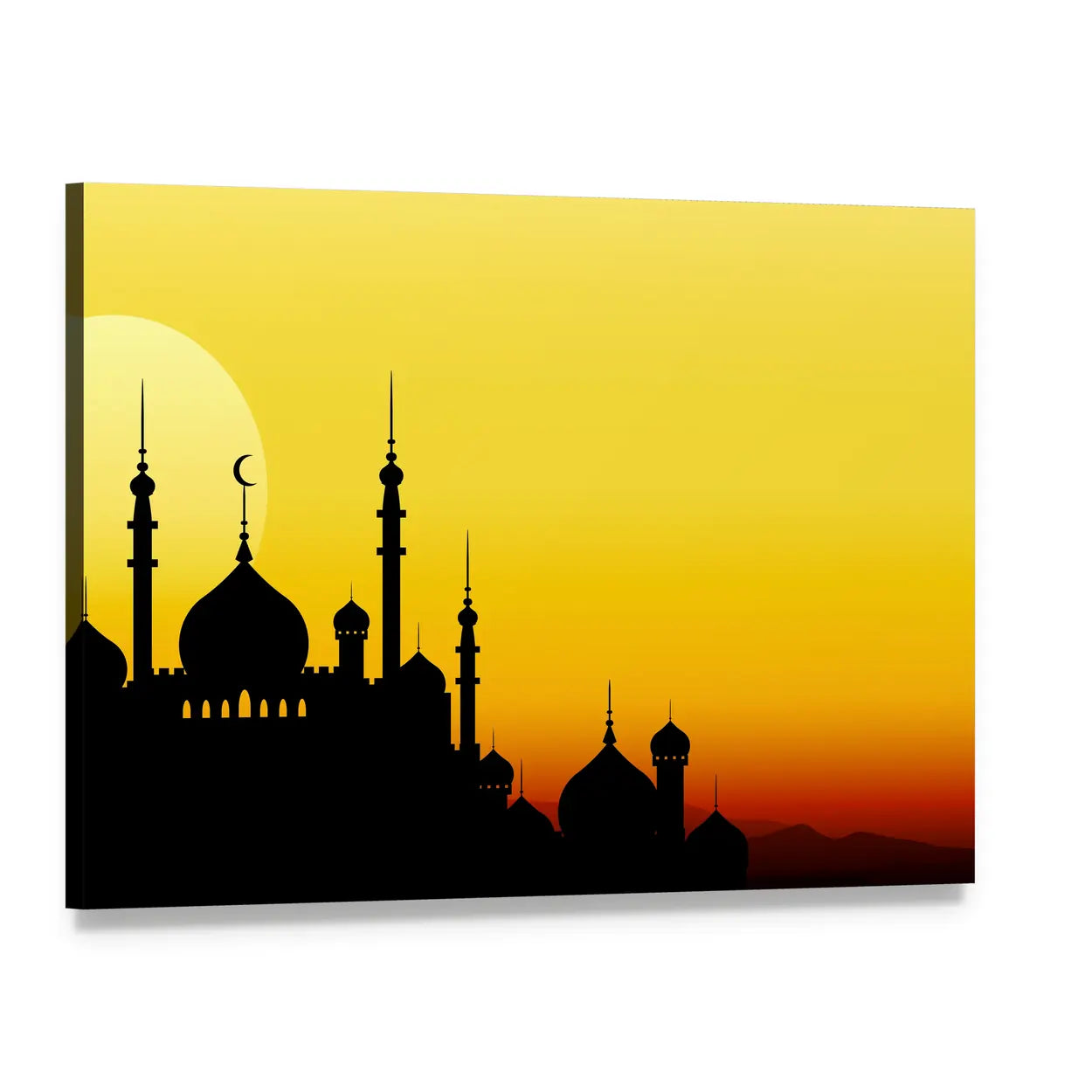 Ramadan Mosque Silhouette with Golden Sun Canvas Wall Art, single panel gallery wrapped canvas, angled product view
