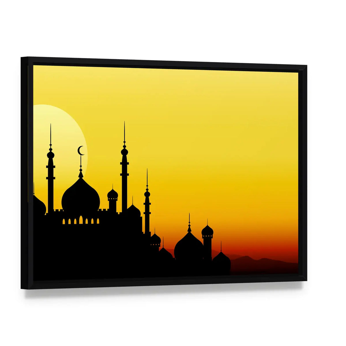 Ramadan Mosque Silhouette with Golden Sun Canvas Wall Art, framed canvas in a black floater frame, angled product view