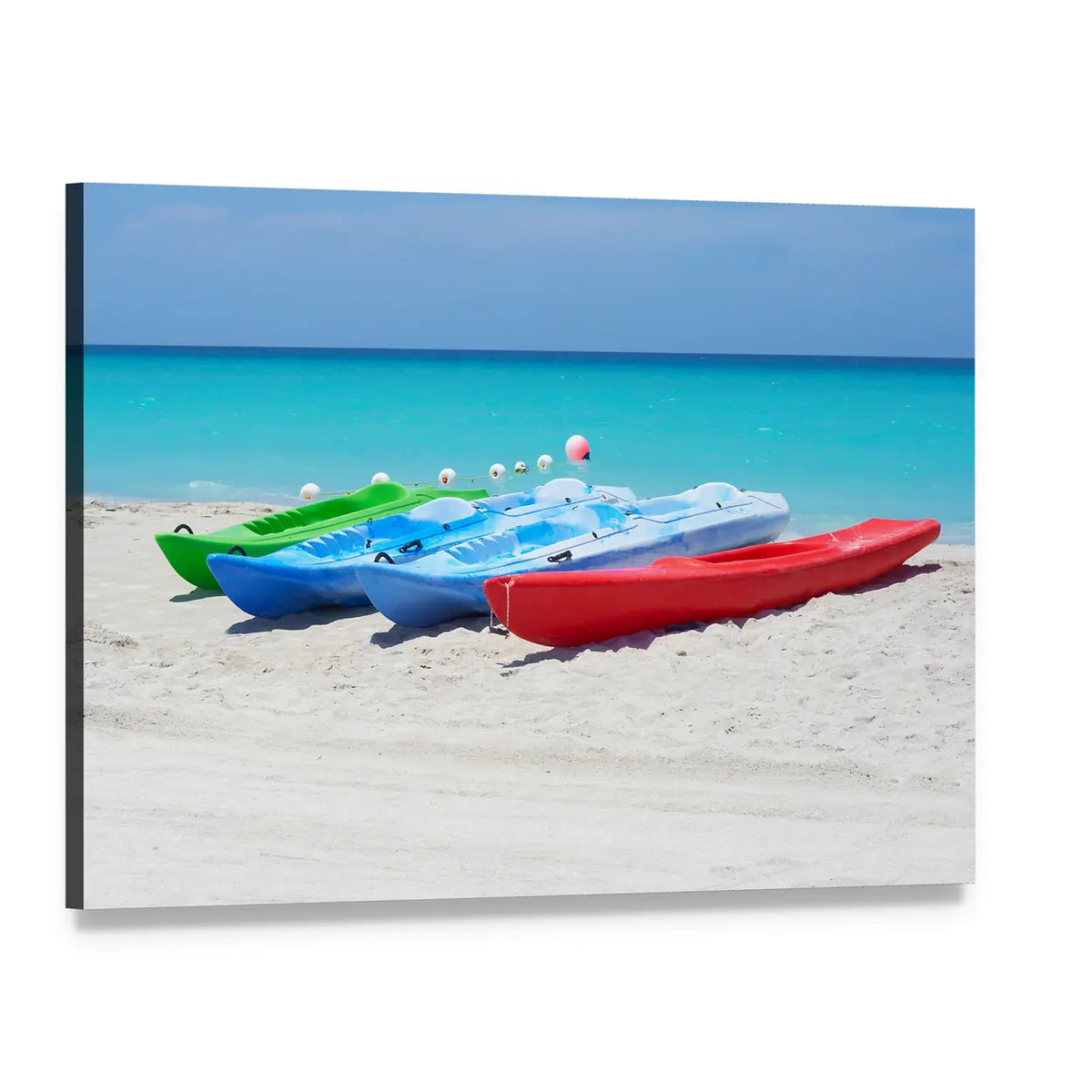 Colorful Kayaks on White Sand Beach Canvas Wall Art, single panel gallery wrapped canvas, angled product view
