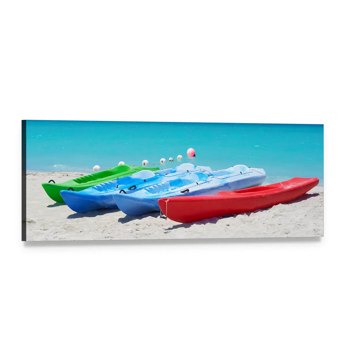 Colorful Kayaks on Sandy Beach Panoramic Canvas Wall Art, single panel gallery wrapped canvas, angled product view