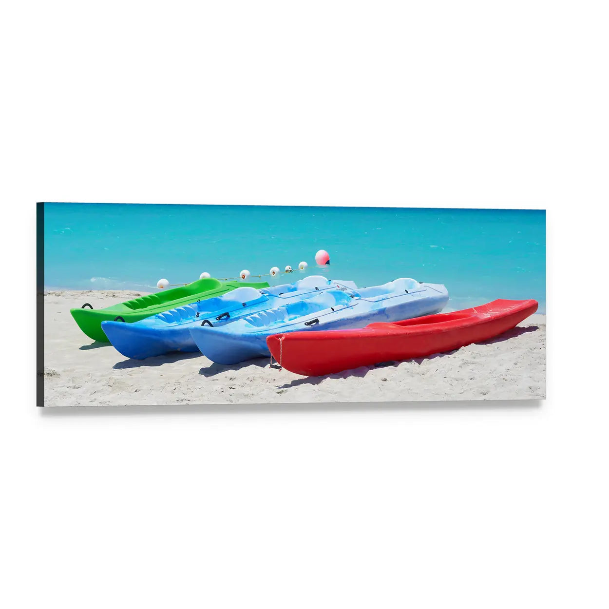 Colorful Kayaks on Sandy Beach Panoramic Canvas Wall Art, single panel gallery wrapped canvas, angled product view