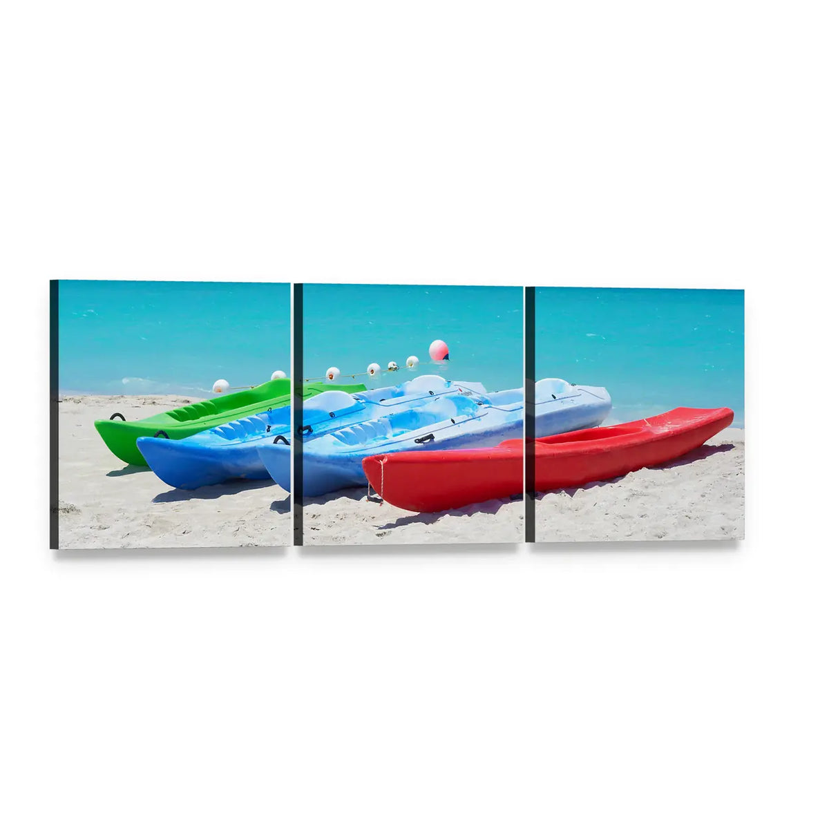 Colorful Kayaks on Sandy Beach Panoramic Canvas Wall Art, 3 panel 3 Piece layout gallery wrapped canvas set, angled product view