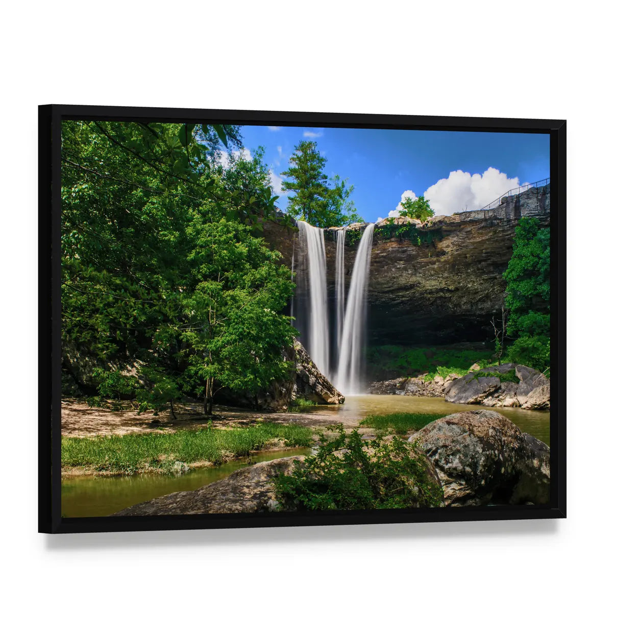 Noccalula Waterfall with Split Falls Canvas Wall Art, framed canvas in a black floater frame, angled product view