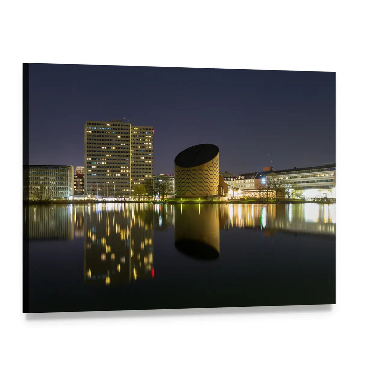Copenhagen Planetarium Night Reflection Canvas Wall Art, single panel gallery wrapped canvas, angled product view