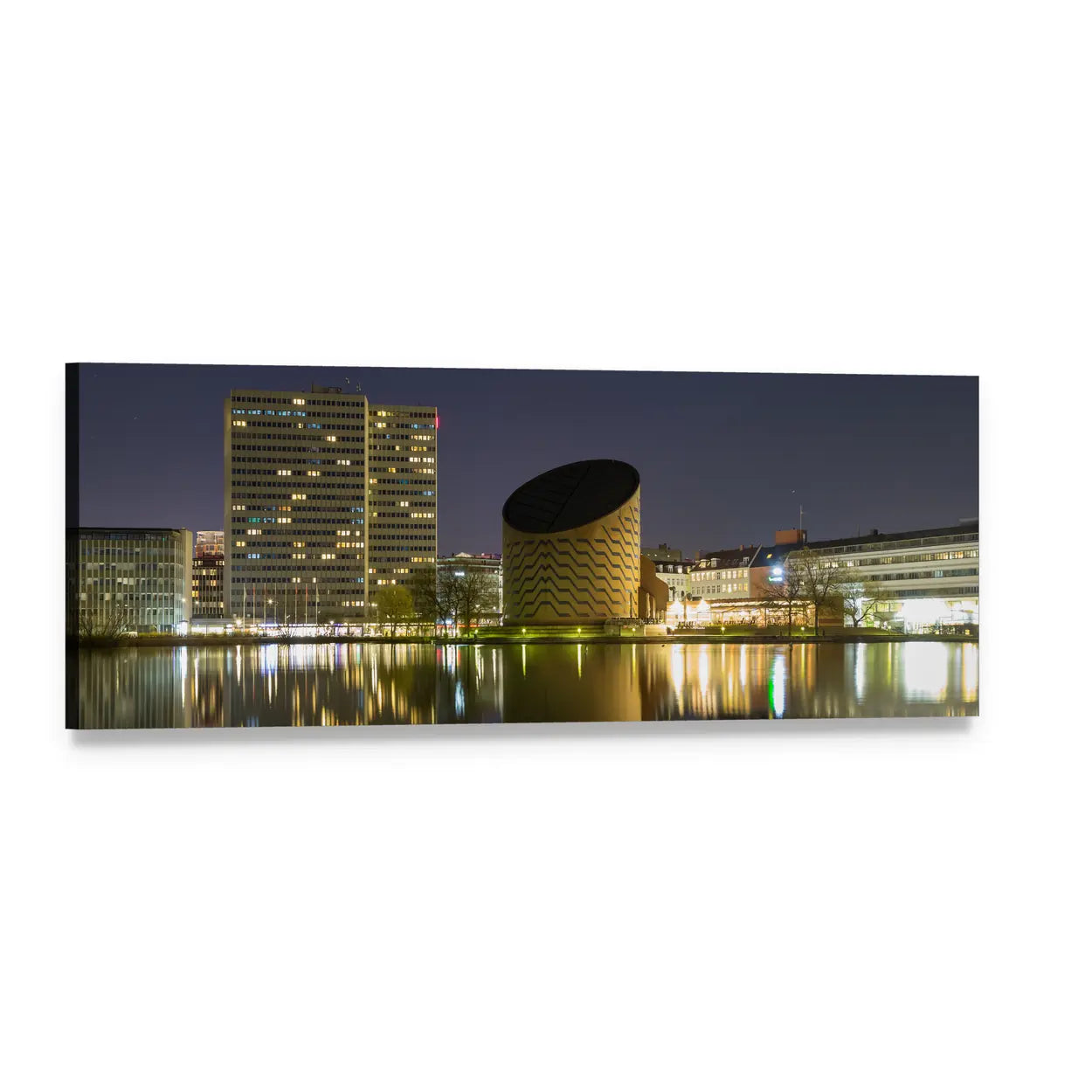 Copenhagen Planetarium Skyline Panoramic Canvas Wall Art, single panel gallery wrapped canvas, angled product view